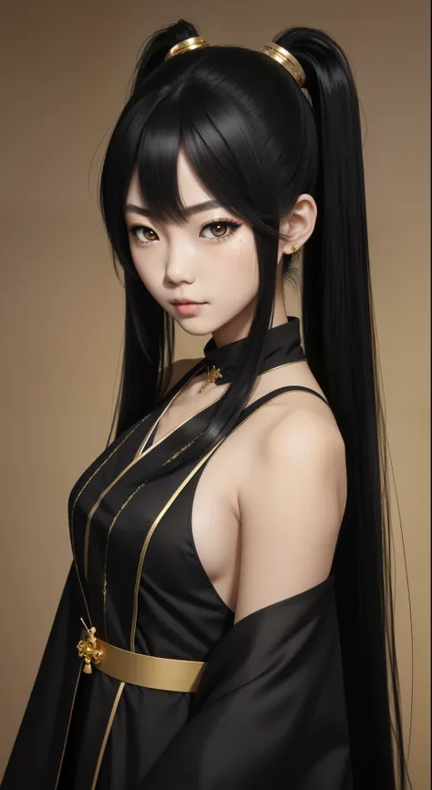 a japanese woman, (college age), long straight twin tail, black hair, (gold color eyes), from front, looking at viewer, black gothic dress, serene, Realism, UHD, masterpiece, accurate, textured skin, anatomically correct, super detail, high quality, highre...