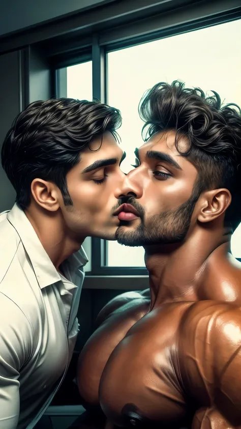 Indian Gay couple mouth to mouth lip locking kissing, 30 years old doctor mouth to mouth lip locking kissing with 50 years old man in his clinic during check up, realistic photography, detailed style, functional and elegant look, in style of realistic, cri...