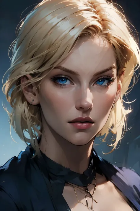 A realistic masterpiece portrait of a stunning blonde woman in her 30s, featuring expressive blue eyes, short bobbed hair, a slender nose, and full, kissable lips that form a warm smile. She has a mature, voluptuous figure, accentuated by a sheer white rob...