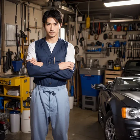 A realistic photo of a Japanese man wearing a mechanics uniform, standing confidently at a 45-degree angle to the camera. He has a muscular, masculine build and is standing with his arms crossed, exuding confidence. The setting is in a clean garage or work...