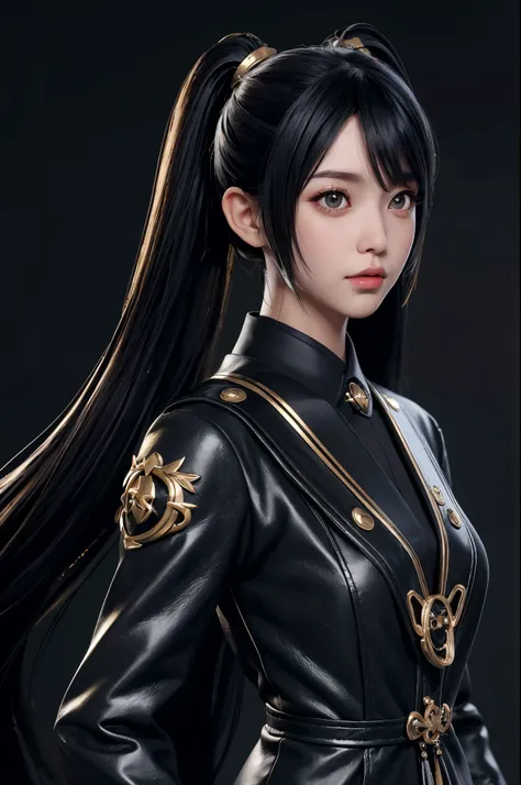 a japanese woman, (college age), long straight twin tail, black hair, (gold color eyes), black gothic dress, serene, Realism, UHD, masterpiece, accurate, textured skin, anatomically correct, super detail, high quality, highres, best quality, 16k,