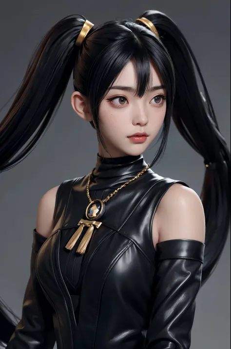 a japanese woman, (college age), long straight twin tail, black hair, (gold color eyes), black gothic dress, serene, Realism, UHD, masterpiece, accurate, textured skin, anatomically correct, super detail, high quality, highres, best quality, 16k,