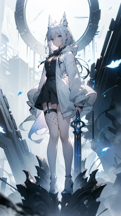  A beautiful female summoner standing against a pure white background，Rich facial and full body details，Wearing high heels，Perfect body proportions，Eyes sparkling，Sexy and charming，Wearing a grey hoodie，Petals falling，Breathtakingly beautiful，Transparent g...