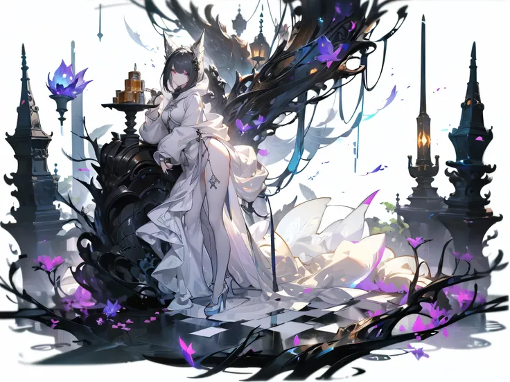  A beautiful female summoner standing against a pure white background，Rich facial and full body details，Wearing high heels，Perfect body proportions，Eyes sparkling，Sexy and charming，Wearing a grey hoodie，Petals falling，Breathtakingly beautiful，Transparent g...