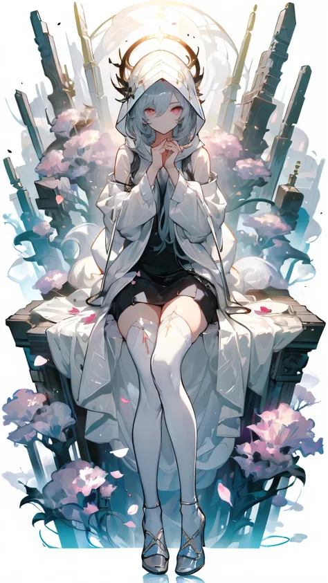 ((masterpiece， best quality))，Summoner，Big sister image，Pure white background，Detailed face，whole body，High heel，Perfect body proportions，Glowing eyes，sexly，grey，Hooded sweater，Petals falling，extremely beautiful，transparent，Gauze，NUDE，Fishnet stockings