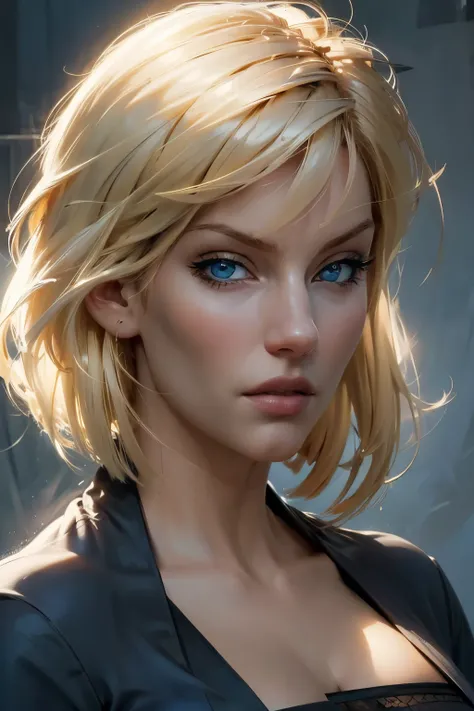 A realistic masterpiece portrait of a stunning blonde woman in her 30s, featuring expressive blue eyes, short bobbed hair, a slender nose, and full, kissable lips that form a warm smile. She has a mature, voluptuous figure, accentuated by a sheer white rob...