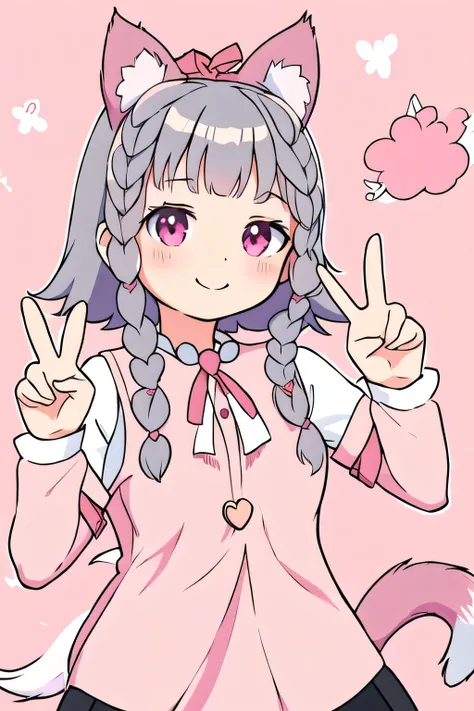 1girl,cat girl,animal ears,tail,looking at viewer,smile,peace sign,pink kawaii room,heart item,ribbon,standing,upper body,