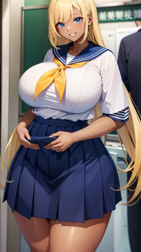 big breasts, blonde, blue eyes, high school girl、(dark skin、sailor suit:1.3),happy smile、big hips、thick thighs,sweaty、navy blue ...