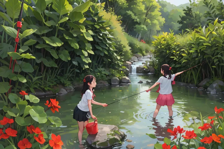 masterpiece, highest quality,multiple, three girls, fishing in a beautiful river、(red canna flowers grow in clusters on the rive...