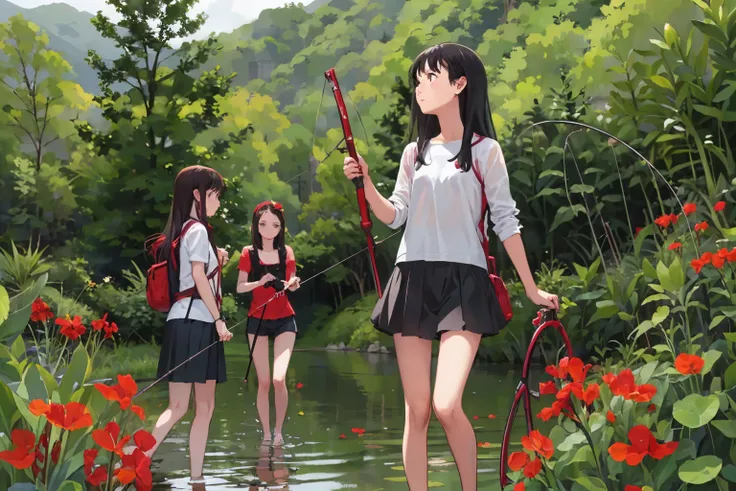 masterpiece, Highest quality,multiple, Three Girls, Fishing in a beautiful river、(Red canna flowers grow in clusters on the riverbank:1.2)、(have a fishing rod:1.4)、Fishing with a net、(Holding a bucket)、Water Play、Sandals, Black Hair, short hair、Long Hair, ...