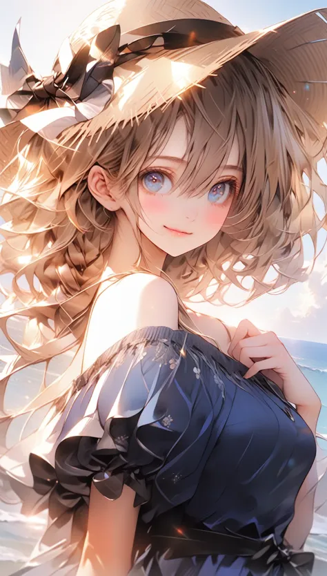 1girl, solo, long hair, breasts, looking at viewer, blush, smile, blue eyes, blonde hair, ribbon, hair between eyes, closed mouth, bare shoulders, upper body, outdoors, day, hand up, cloud, off shoulder, water, blue sky, puffy short sleeves, blue dress, oc...