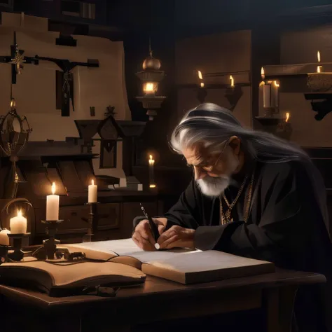 Elderly man with long, gray hair, wearing a dark robe and a large cross necklace, sitting at a wooden desk, writing in an open book with a quill. The dimly lit room filled with various religious artifacts, lit candles, and numerous sketches of religious fi...