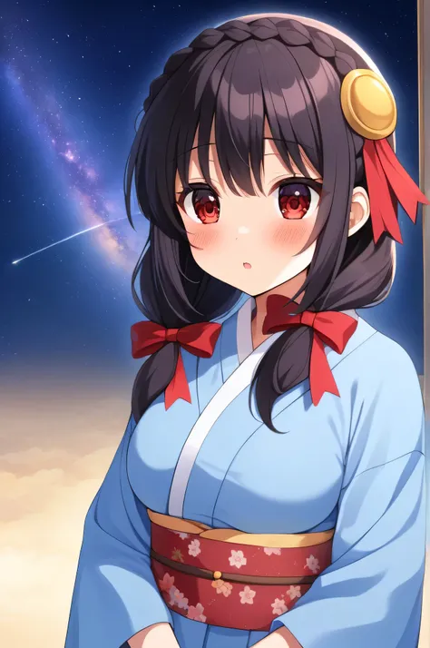 alone, One Girl、A crown braid the color of her hair, hair ornaments, Hair Ribbon,(Pale blue kimono with red floral pattern and red obi.)、Red eyes、Black Hair、(blush:1.5)、My breasts are a little large、The background is the Milky Way and the starry sky、Shake ...