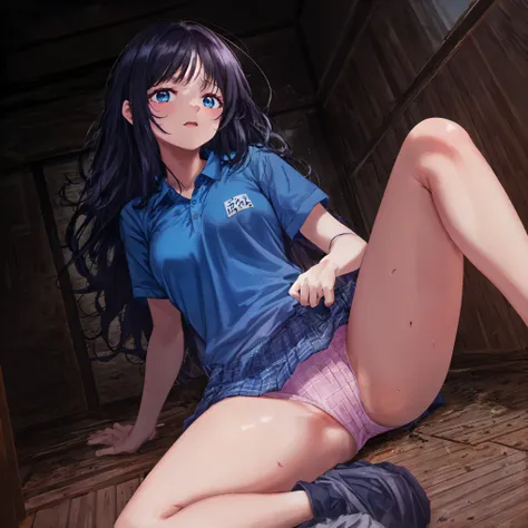 masterpiece, Highest quality,pastel color,4K,super detailed skin,best quality background,ultra detailed blue eyes,nsfw,garbage,wavy hair,high quality pink panties,Dutch Angle, {{black hair}} ,tearful,being watched,cornered in the corner of the room, about ...