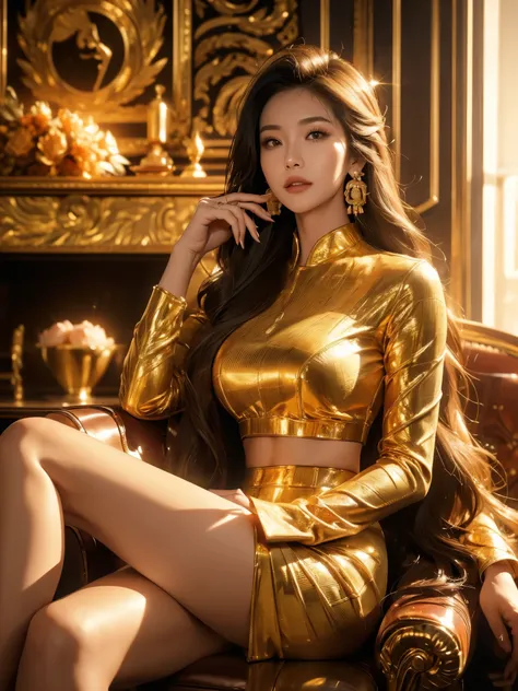 a sexy asian girl wearing a racing suit, smiles, surrounded by gold and money, (best quality,4k,8k,highres,masterpiece:1.2),ultr...