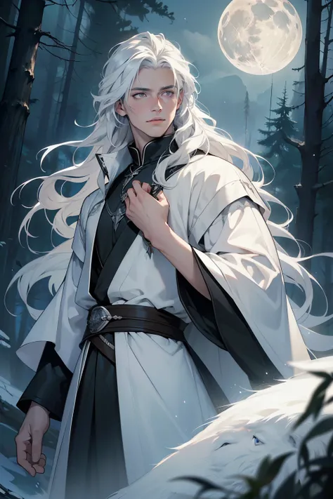 ((masterpiece)), (((best quality))), solo, 1 male, pale white skin, white hair, long hair, wild hair, silver eyes, handsome young man, realistic medieval clothes, forest, bear, moon, highest quality, highly detailed, original, high resolution CG Unit 8k wa...