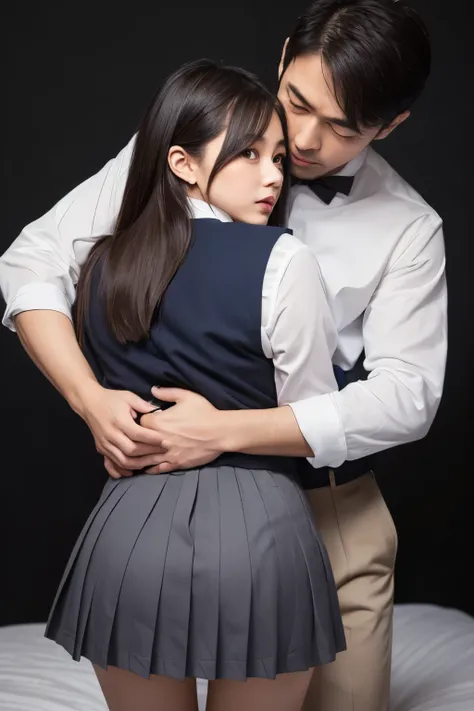NSFW Browse, hotel bed, Japan , handsome man hugging girlfriend from behind, talking in ear, lifting her up, lifting up mini skirt, 40k, photo, masterpiece, best quality, dark grey background, pleated skirt ((Japanese schoolgirl uniform)), older man leanin...