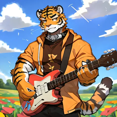 Tiger,Clear expressions,Golden Eyes,Clear eyes can see directly,guitar,16K,Only one instrument,有一条TigerIn the flower fieldsguitar, Play guitar,Sporty tall handsome guys, Big abdominal muscles, muscular, 1 boy, solitary, Golden Eyes,Wear a casual suit(Weari...