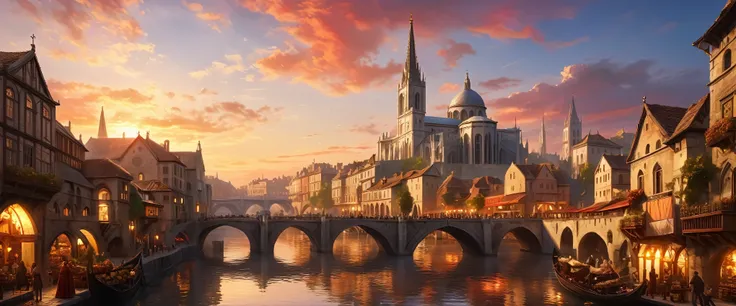 (masterpiece, top quality, best quality, official art, beautiful and aesthetic:1.2) A city from the middle ages, a large cathedral and a tall monument, small market, and a winding river, it is sunset and red sky with golden glow,(photorealistic:1.4)