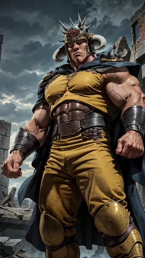 a powerful muscular man in the style of the character Raoh from Fist of the North Star, standing menacingly in a derelict ruin, glaring down with a fierce and unyielding expression, his imposing physique radiating an aura of dominance, wearing a black cloa...