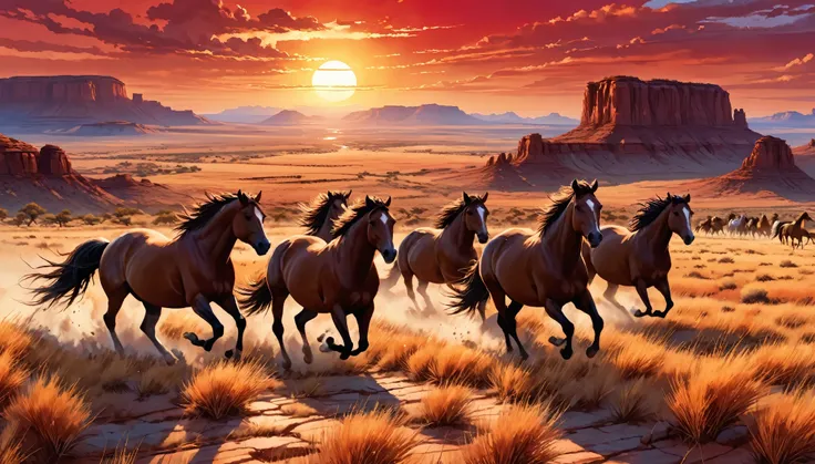 anime aestetics, anime scenery, savanna, wild horses running through the field, huge canion on the background, landscapes of america, dry grass, red stones, sunset, red skies, perfect quality, breathtaking view, wide shot, from above, perspective, atmosph...