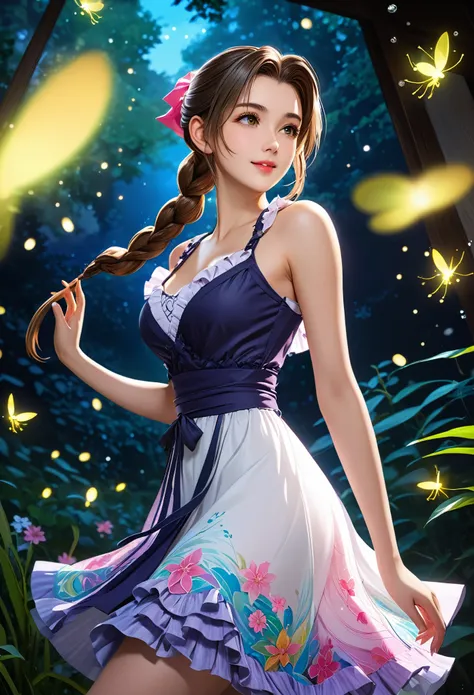 Armpit Show,(((masterpiece))),((Highest quality)),beautiful girl, Aerith, Sexy witch, bangs、(Long Hair, Braided Ponytail:1.5)、(((Healthy body shape, Large, firm, swaying bust, Deep valley)))、2、Translucent white skin, Shining Sweat, (A gorgeous, intricately...