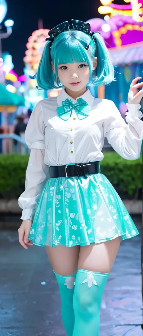 Fairytale Nightmare Idol Girl、whole body、Good style、、、、、、、、、、Thick legs、、、Butterfly Print Latex Uniform（Turquoise and white）、Neat and clean girls face、、、、Luminous Bubble Butterfly、Soap Belt、Amusement park at night