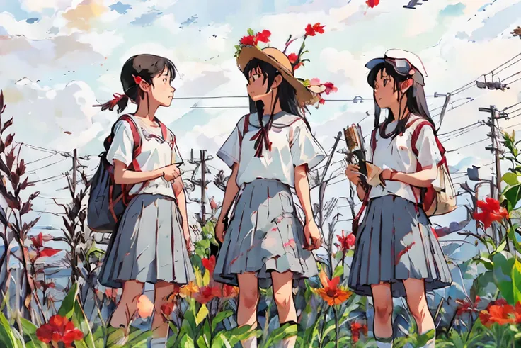 masterpiece, Highest quality,multiple, Three Girls, (Playing with a bike)、insect removal、insect removal編み、Sandals, Black Hair, short hair、Long Hair, Hair ties, hair band, hair ornaments, Straw hat、Shorts, skirt、Dappled daylight、Summer sky、White cloud、Outdo...