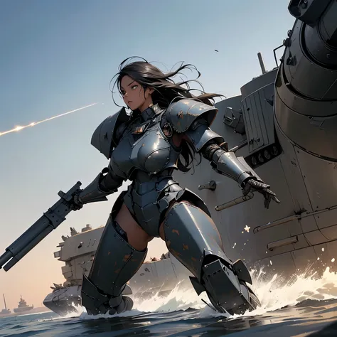 nsfw, anime screencap, 16K, perfect anatomy proportion body, perfect hands, action, A dynamic composition with a sense of speed and movement, (Board a giant heavily armored military land battleship:1.6), a wife, 40age, perfect beautiful delicate sexy face,...