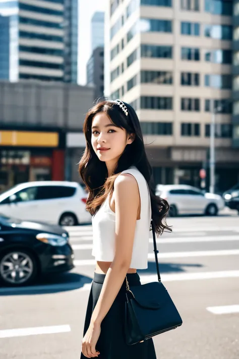 To create a similar image using an AI art generator, you can use the following English prompt:

"Stylish young woman walking outdoors on a sunny day, wearing a white crop top, black skirt, and carrying a black designer handbag. Long dark hair with hairpins...