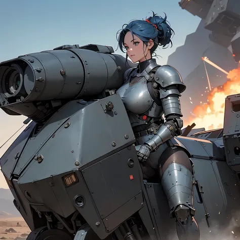 nsfw, anime screencap, 16K, perfect anatomy proportion body, perfect hands, action, A dynamic composition with a sense of speed and movement, (open cockpit, Ride in a giant, heavily armored military mobile city:1.6), a wife, 40age, perfect beautiful delica...