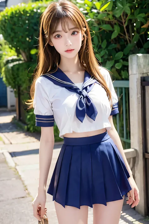 (Ultra HD), (Looking at me), (The whole body is shown), (Short-sleeved sailor uniform, Navy blue mini skirt), Big Breasts, Super beautiful breasts, slender, (Thin legs:1.2), (Thin thighs:1.2), (Thin Hips:1.4), (Beautiful Skin, Shiny skin, White skin), (Sup...