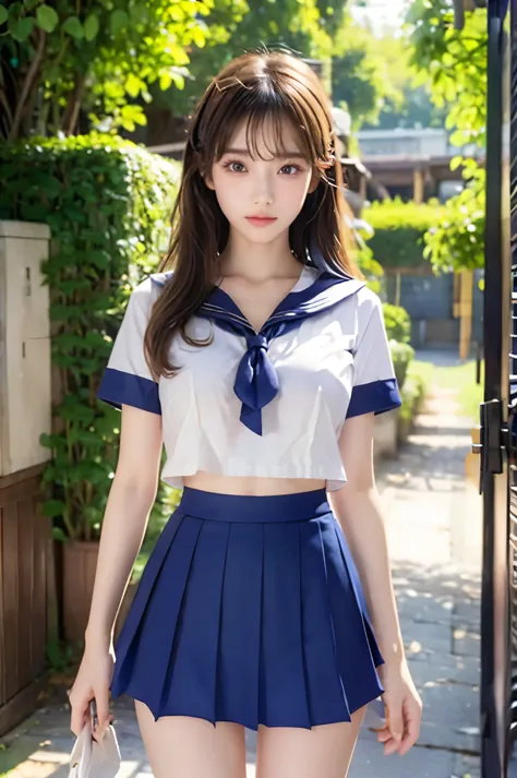 (Ultra HD), (Looking at me), (The whole body is shown), (Short-sleeved sailor uniform, Navy blue mini skirt), Big Breasts, Super beautiful breasts, slender, (Thin legs:1.2), (Thin thighs:1.2), (Thin Hips:1.4), (Beautiful Skin, Shiny skin, White skin), (Sup...
