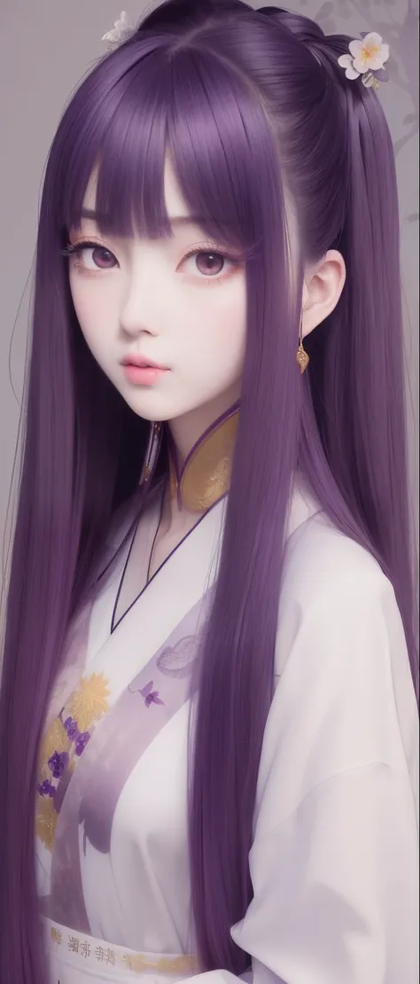 (High quality, masterpiece, Traditional Chinese ink painting, two-dimensional), beautiful eyes, extremely detailed background, 8k wallpaper, Princess of the Fall, mysterious, mysterious, Purple long hair, Purple shiny hair, princess, beautiful, clear, Full...