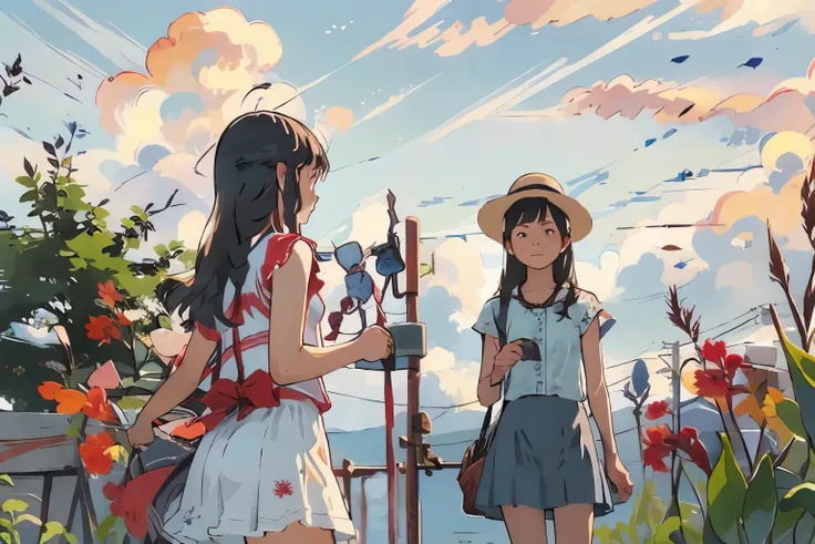 masterpiece, Highest quality,multiple, Three Girls, (At the lighthouse on the cape:1.2)、(Red canna flower)、Black Hair, short hair、Long Hair, Hair ties, hair band, hair ornaments, Straw hat、Shorts, skirt、Dappled daylight、Summer sky、White cloud、Outdoor, natu...