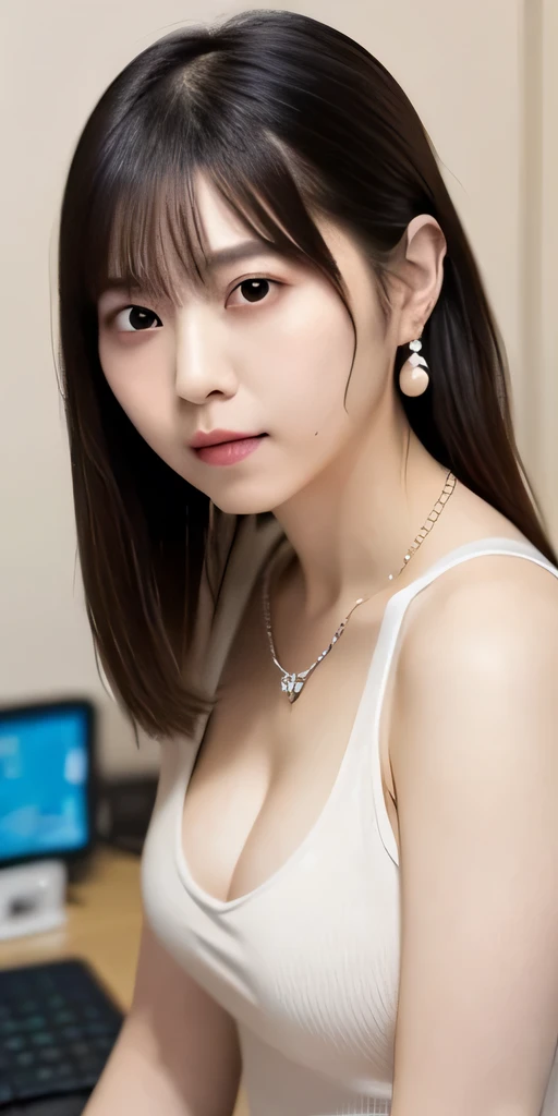 Photo: Beautiful Japanese woman, chubby, big breasts, fair skin, ponytail hairstyle, black hair, cute small eyes, small mouth, light makeup, pale cheeks, pearl earrings, silver necklace, transparent tight tank top, white micro mini pleated skirt, working o...