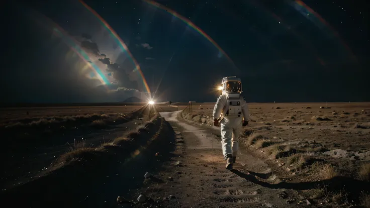 Astronaut walking in space on a path made of rainbows