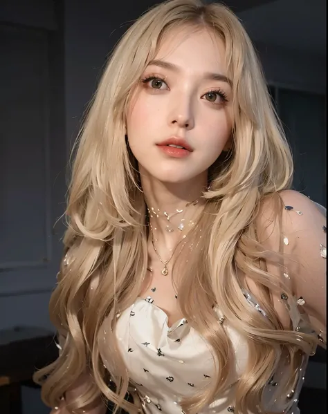 Blonde woman posing for a photo with long hair and white dress, girl with blonde hair, with long blonde hair, linda mulher sul-korean, Blackpink's Roseanne Park, long blonde hair and big eyes, White hime cut hairstyle, Beautiful skin curly hair blonde,...