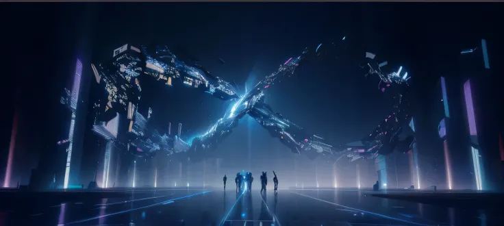 ### Image Description
Five silhouetted figures stand in the foreground, gazing at a massive, illuminated infinity symbol made of fragmented materials suspended in the air. The environment is dark with brilliant, neon lights and digital elements, creating a...