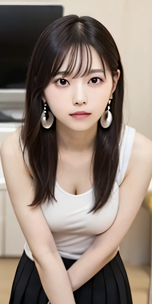 Photo: Beautiful Japanese woman, chubby, big breasts, fair skin, very long wavy black hair, cute small eyes, small mouth, light makeup, pale cheeks, pearl earrings, silver necklace, transparent tight tank top, white micro mini pleated skirt, working on a c...