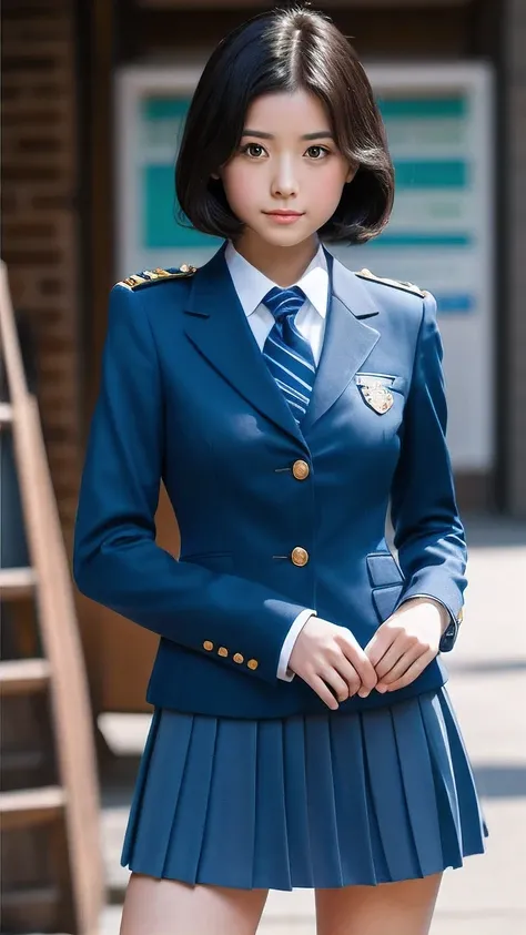 (Highest Resolution, clearly_image), Highest quality, masterpiece, Very detailed, Semi-realistic, A woman with shoulder-length black hair, Dark Eyes, mature, mature woman, Royal Sister, sexy, short hair, Triple Van, Light blue uniform, Light blue jacket, s...