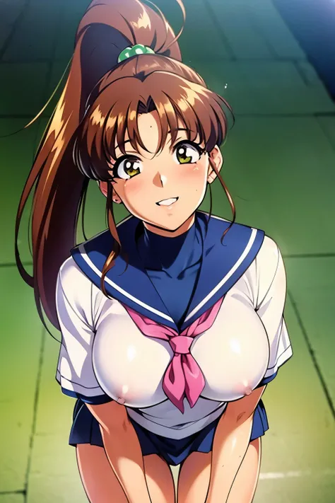 masterpiece, Highest quality, High resolution, (Makoto Kino),1990s (style),height: 175cm, Brown long hair,ponytail、 Sexy long legs, Sailor suit,very good,Shorts, ,(E-cup beautiful breasts)、、Muscular、Face writhing in pleasure、、Configuration from the front、s...