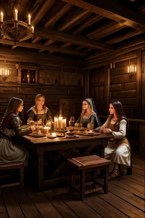 a medieval tavern,1girl,2girls,girls having a ,medieval interior,medieval architecture,wooden furniture,candles,medieval dresses...