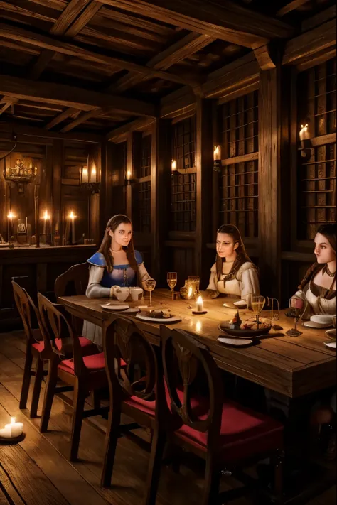 a medieval tavern,1girl,2girls,girls having a ,medieval interior,medieval architecture,wooden furniture,candles,medieval dresses...