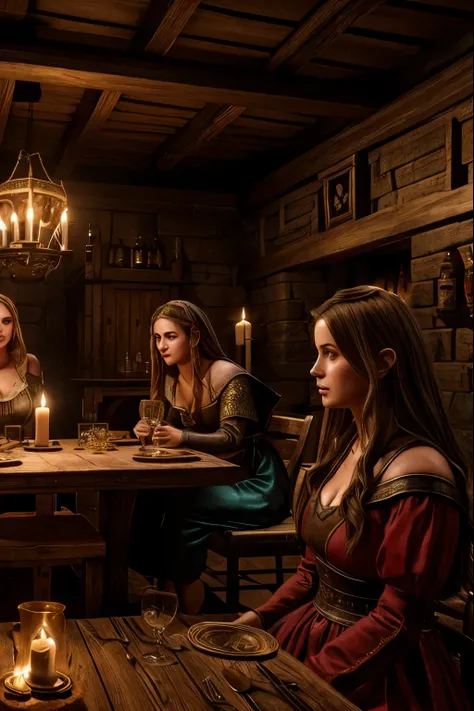 a medieval tavern,1girl,2girls,girls having a ,medieval interior,medieval architecture,wooden furniture,candles,medieval dresses...