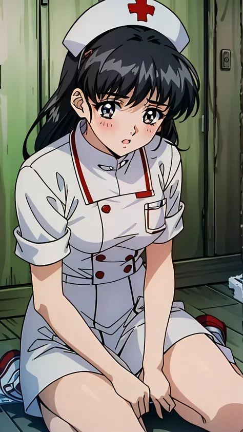 a very cute young girl in white nurse outfit sitting on floor cleaning, hat, 1girl, black hair