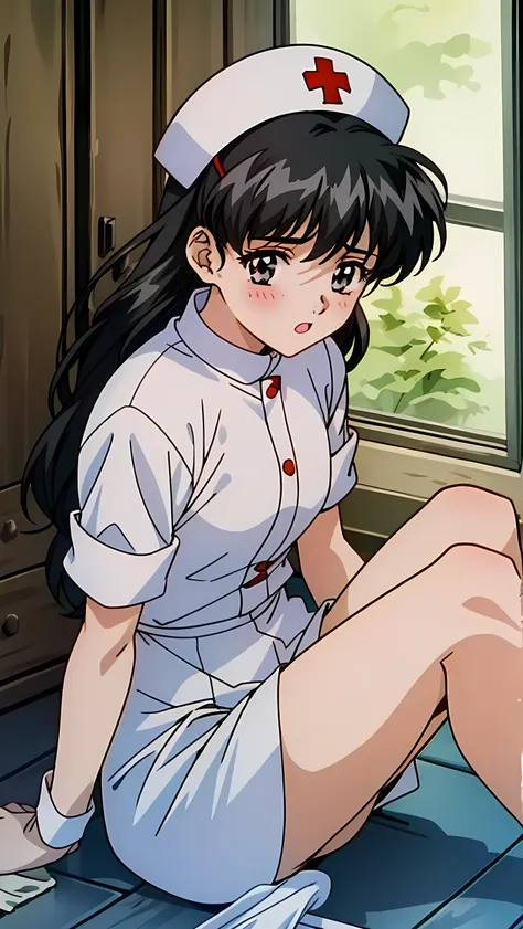 a very cute young girl in white nurse outfit sitting on floor cleaning, hat, 1girl, black hair