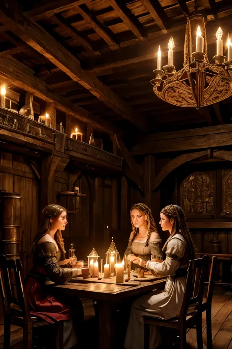 a medieval tavern,1girl,2girls,girls having a ,medieval interior,medieval architecture,wooden furniture,candles,medieval dresses...