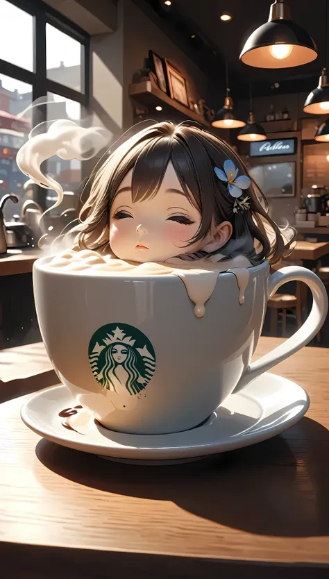 minimal deformation, cute, one girl, coffee-colored skin, inside a coffee cup, filled with hot milk, relaxing like a bath, steam...