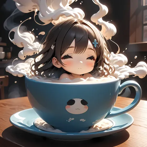 minimal deformation, cute, one girl, inside a coffee cup, filled with hot milk, relaxing like a bath, coffee-colored skin, steam...